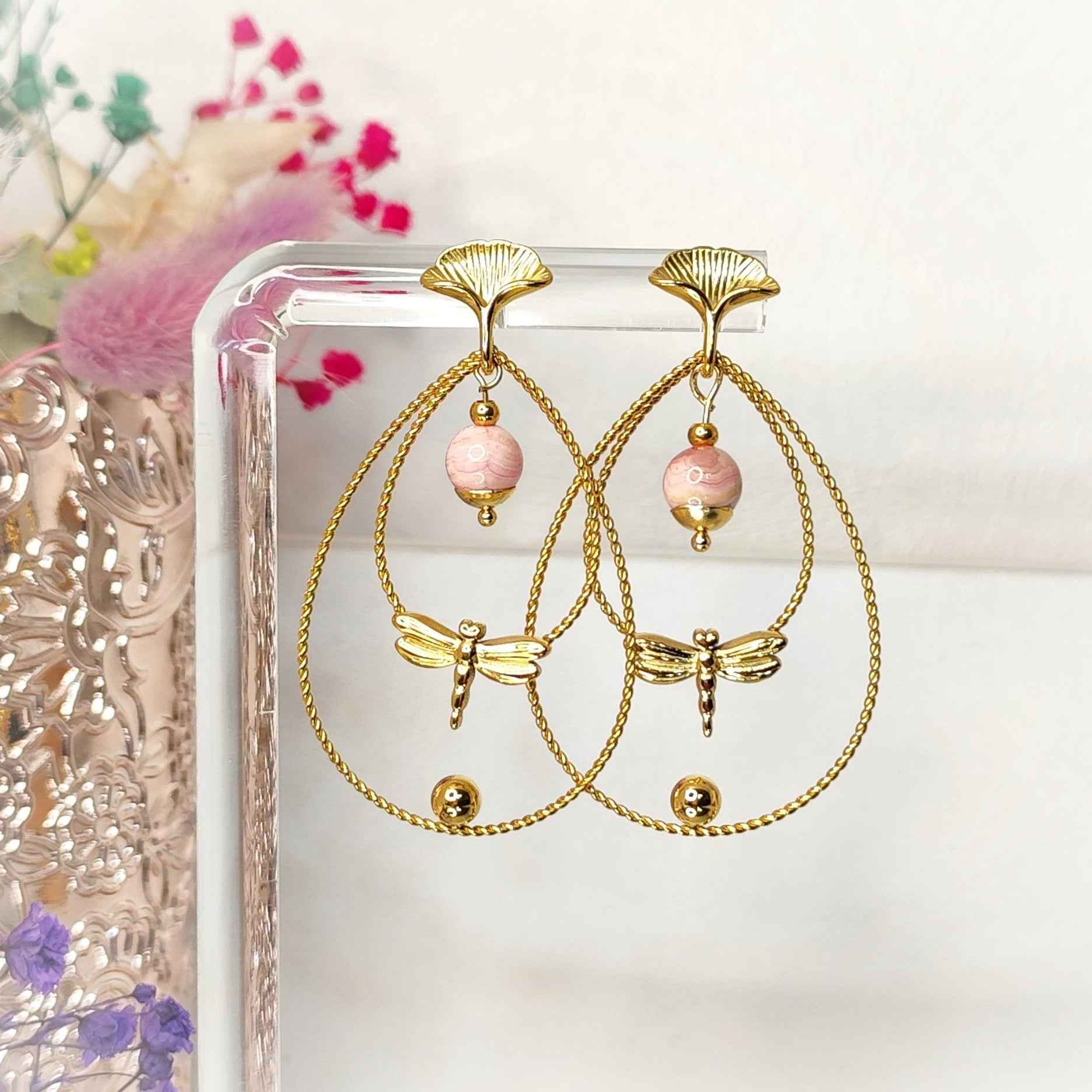Boucles d'oreilles libellule dorées, pierre au choix