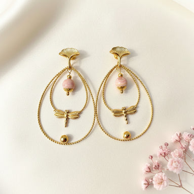 Boucles d'oreilles libellule dorées, pierre rhodochrosite