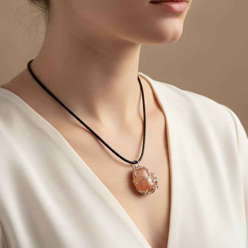 Collier noir argenté et Pierre de soleil AA