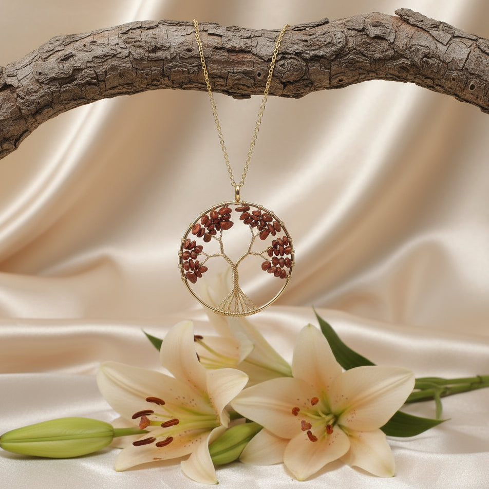collier arbre de vie doré et pierre
