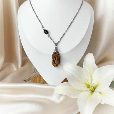 Collier pixiu en oeil de tigre sculpté, argenté ou doré, longueur 78cm