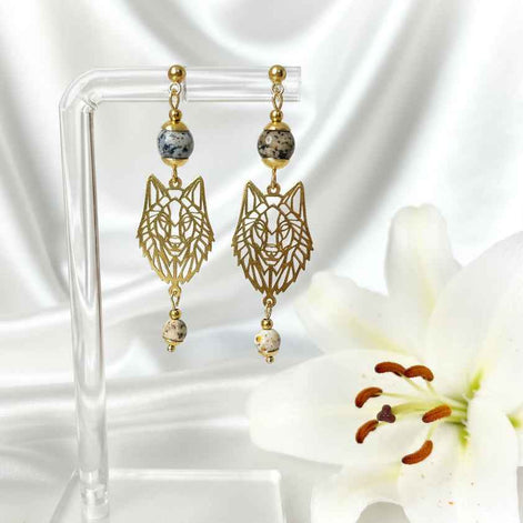 Boucles d'oreilles "Esprit du Loup" en Merlinite & Acier Doré