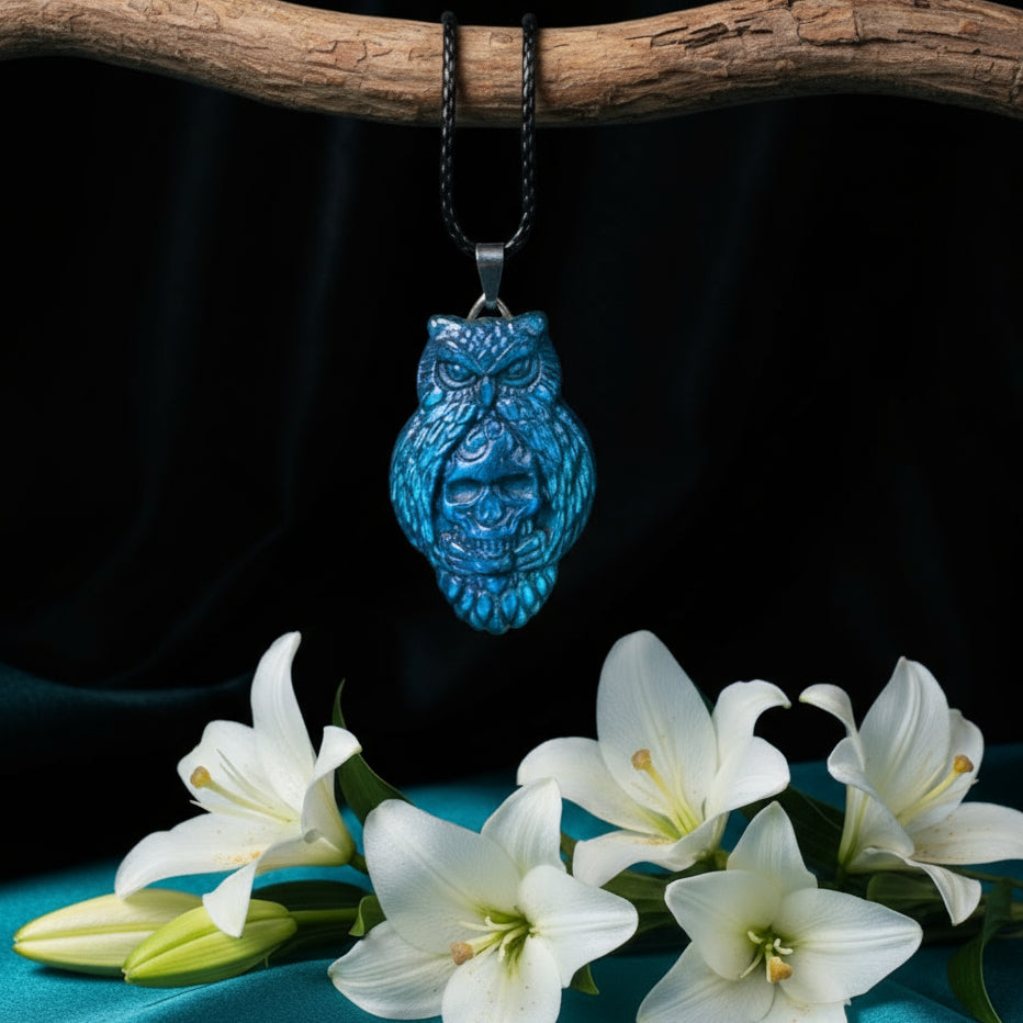 Collier hibou tête de mort en labradorite bleu