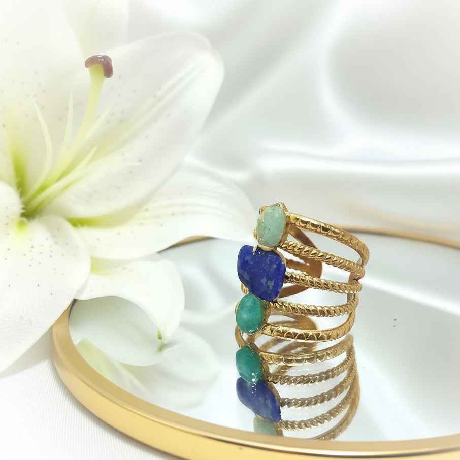Bague doré en lapis lazuli amazonite, pièce unique