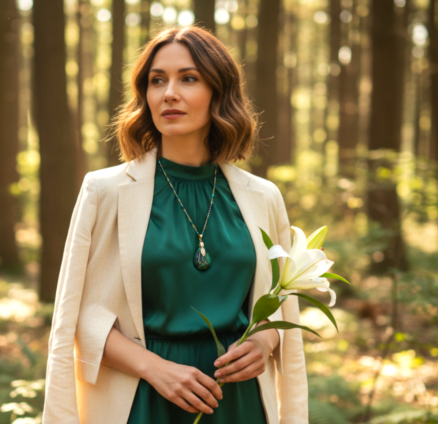 Collier doré en malachite extra et acier inoxydable