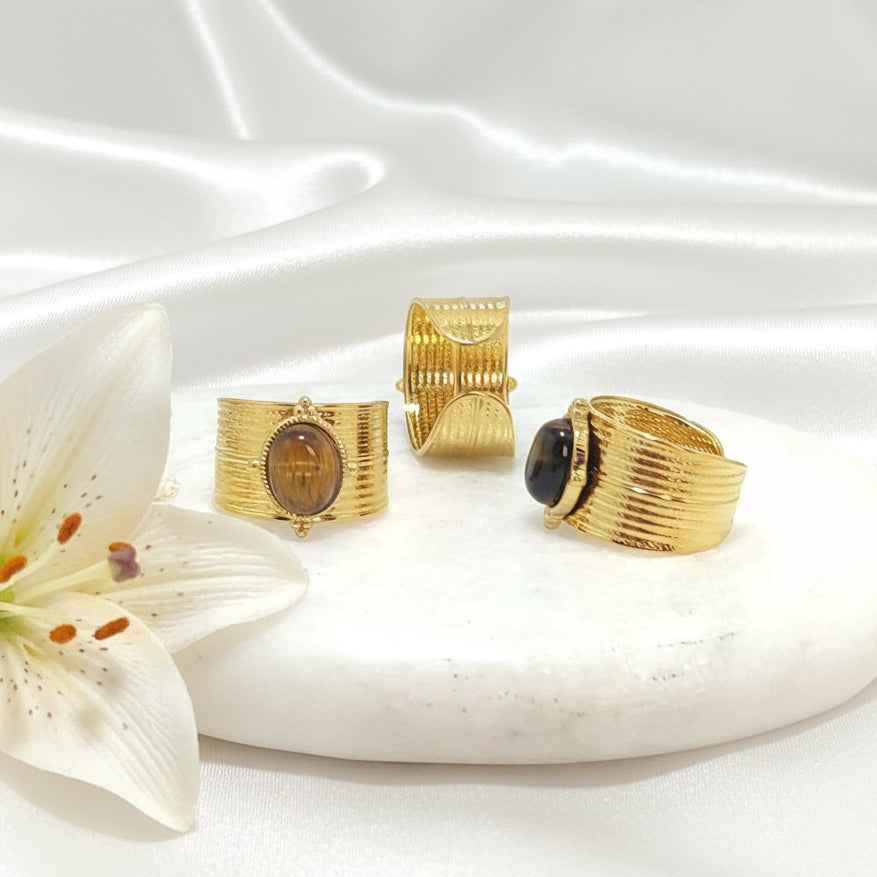 Bague ajustable en oeil de tigre et acier inoxydable