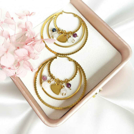 Créoles dorées et pierre de lune arc en ciel