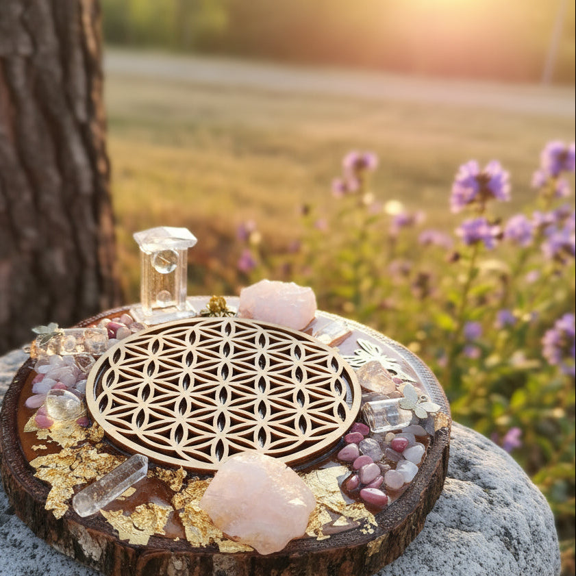 plateau fleur de vie et pierre naturelle