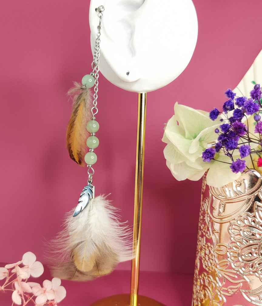 Boucle longue en Plumes sacrées, aventurine ou labradorite