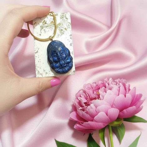 Collier Ganesh en labradorite bleu, argenté ou doré