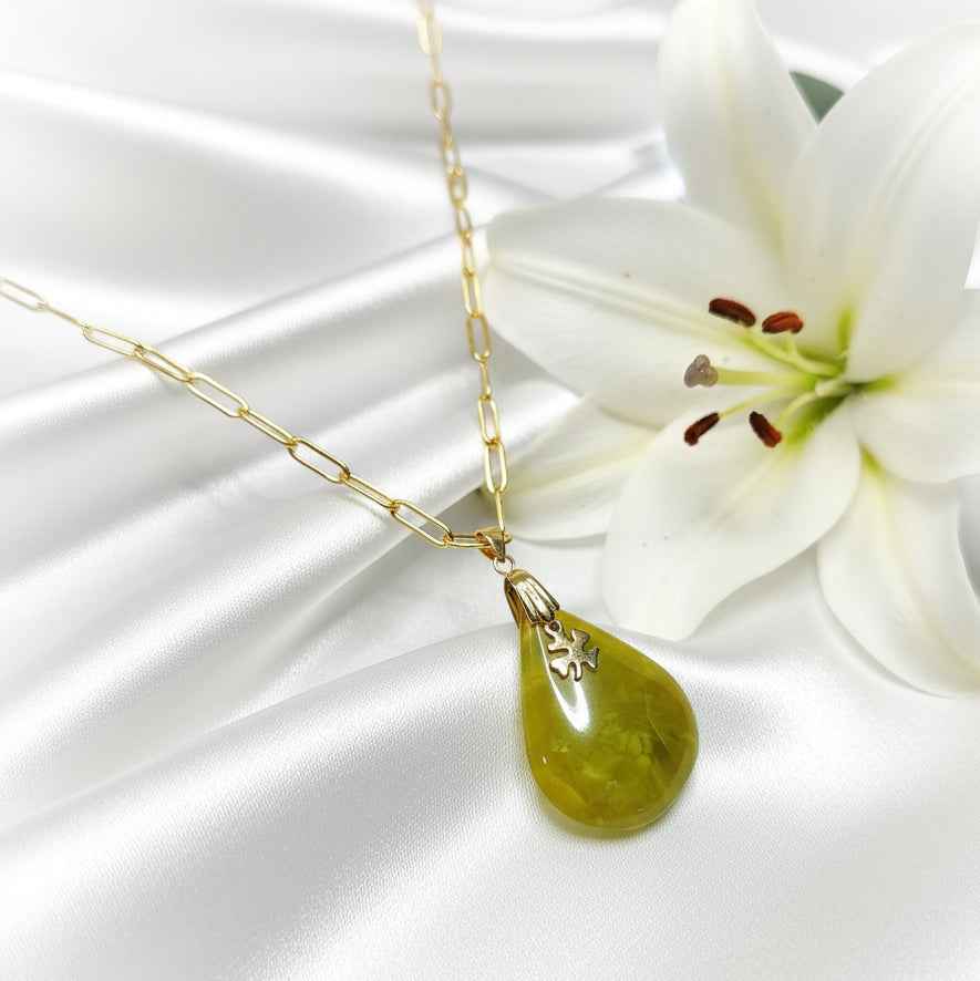 Collier doré opale verte extra, feuille, réglable