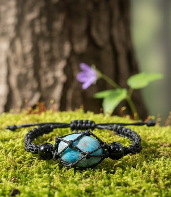 Bracelet porte pierre + pierre,  réglable en coton ciré