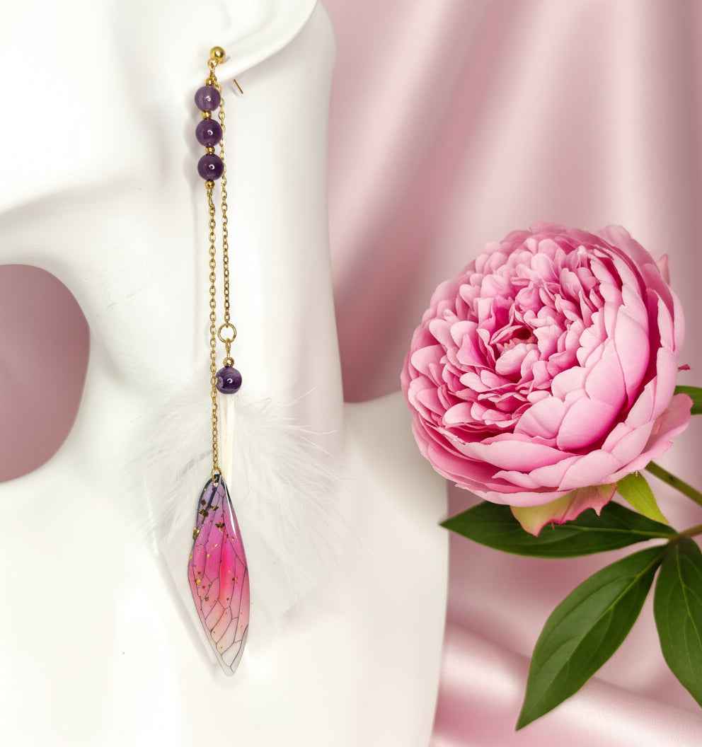 Boucle en améthyste & Plumes sacrées, ailes de fée, doré ou argenté au choix