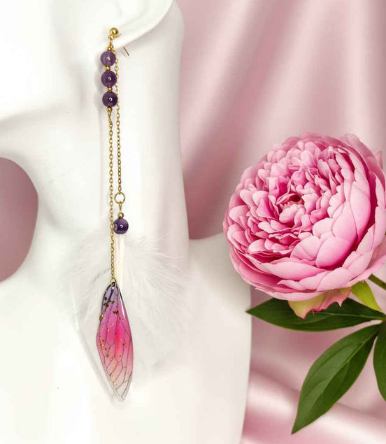 Boucle en améthyste & Plumes sacrées, ailes de fée, doré ou argenté au choix