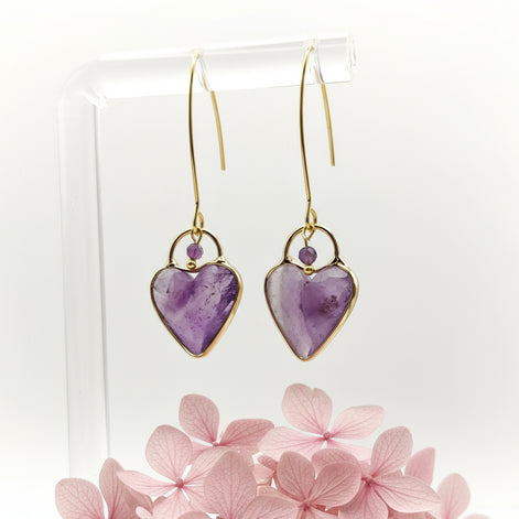 Boucles d'oreilles coeur d'améthyste doré