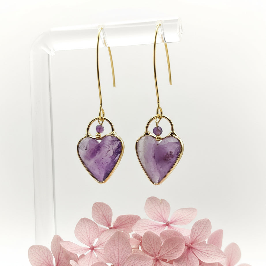 Boucles d'oreilles coeur d'améthyste doré
