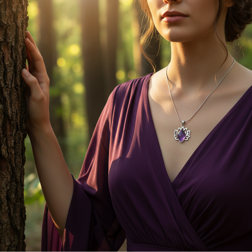 Collier lotus argenté et améthyste