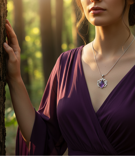 Collier lotus argenté et améthyste