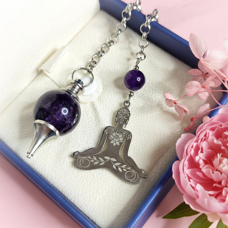 Pendule de radiesthésie, améthyste, quartz rose, tourmaline ou obsidienne