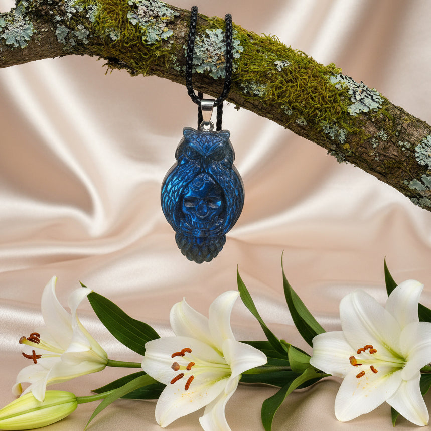 Collier hibou tête de mort 