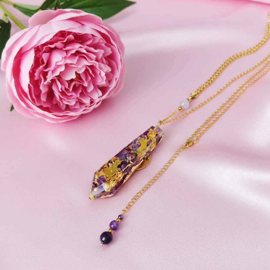 Sautoir doré chat en Améthyste