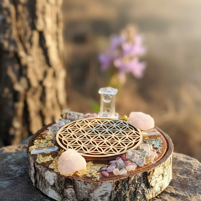 plateau fleur de vie et pierre naturelle