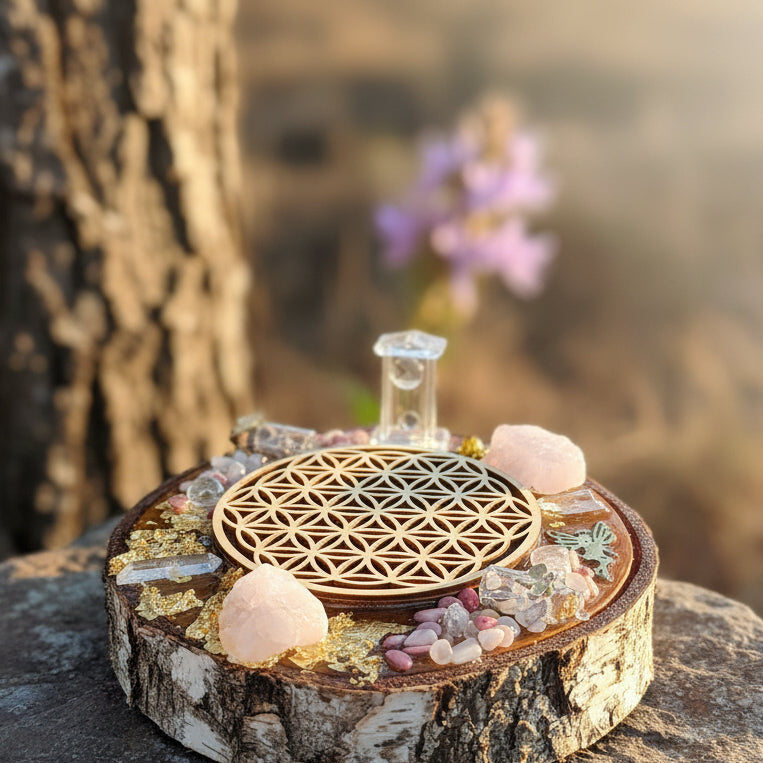 plateau fleur de vie et pierre naturelle