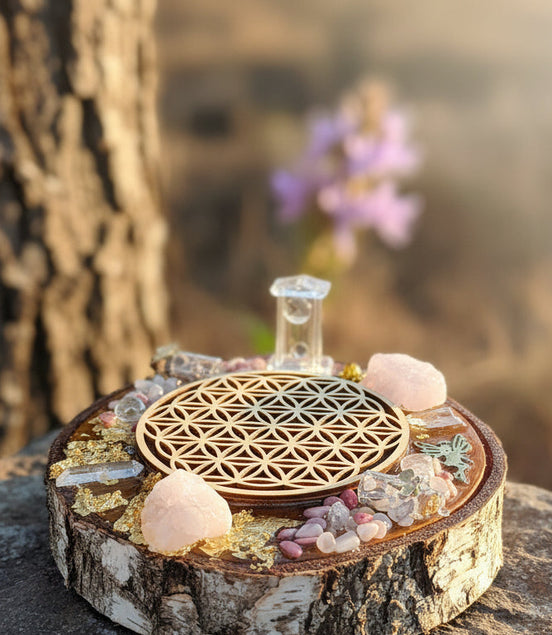 plateau fleur de vie et pierre naturelle