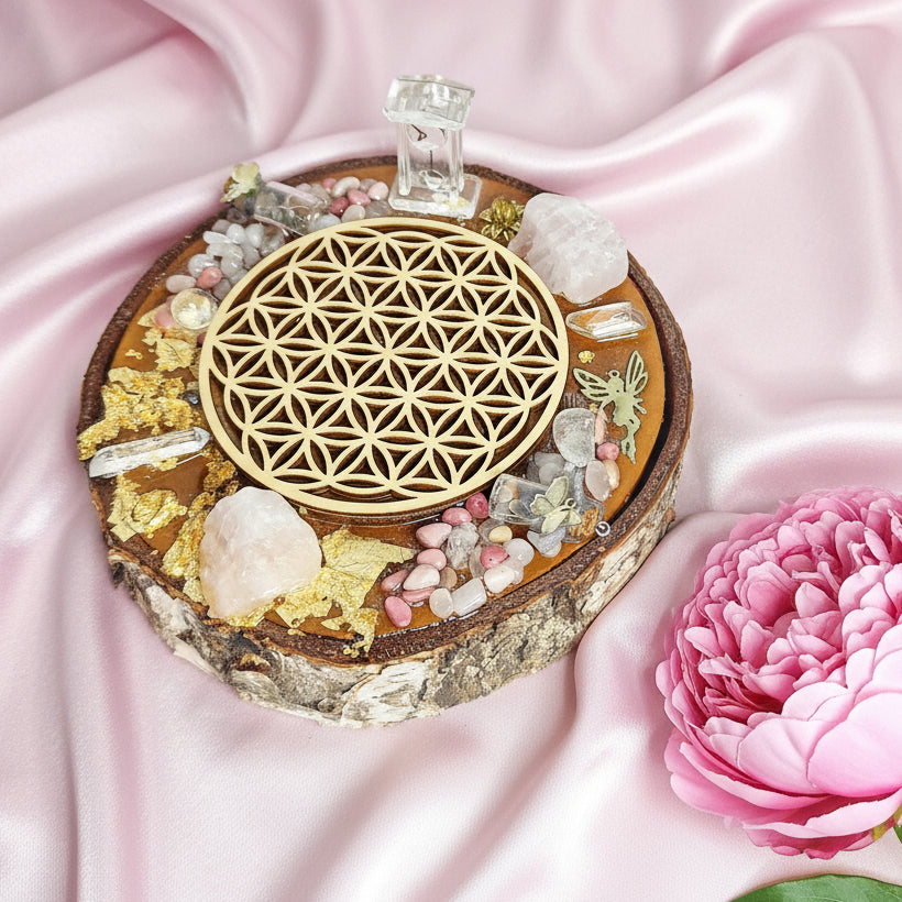 plateau fleur de vie et pierre naturelle