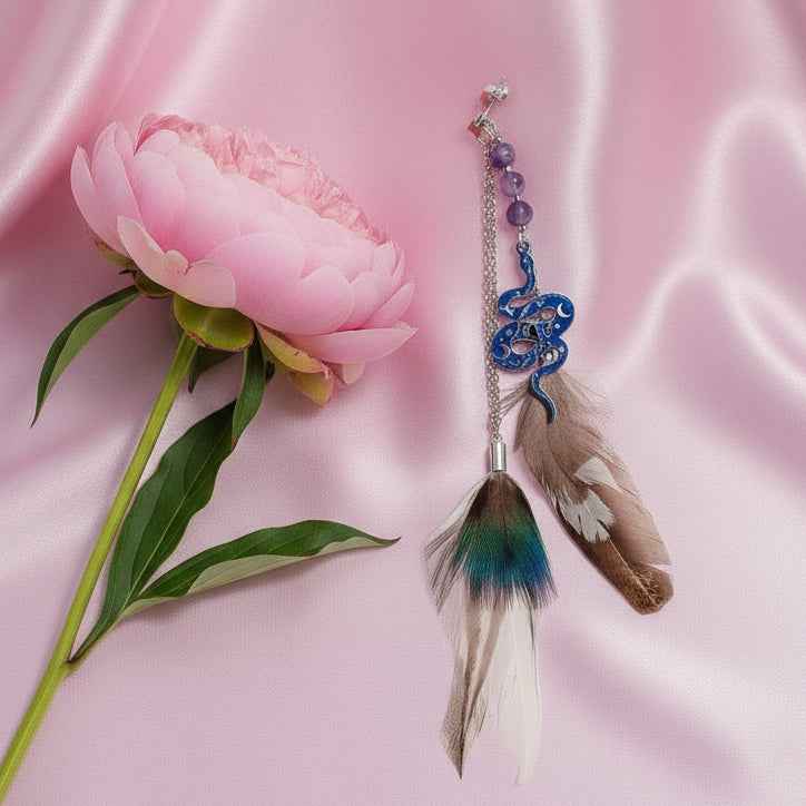 Boucle en améthyste & Plumes sacrées, ailes de fée, doré ou argenté au choix