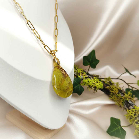 Collier doré opale verte extra, feuille, réglable