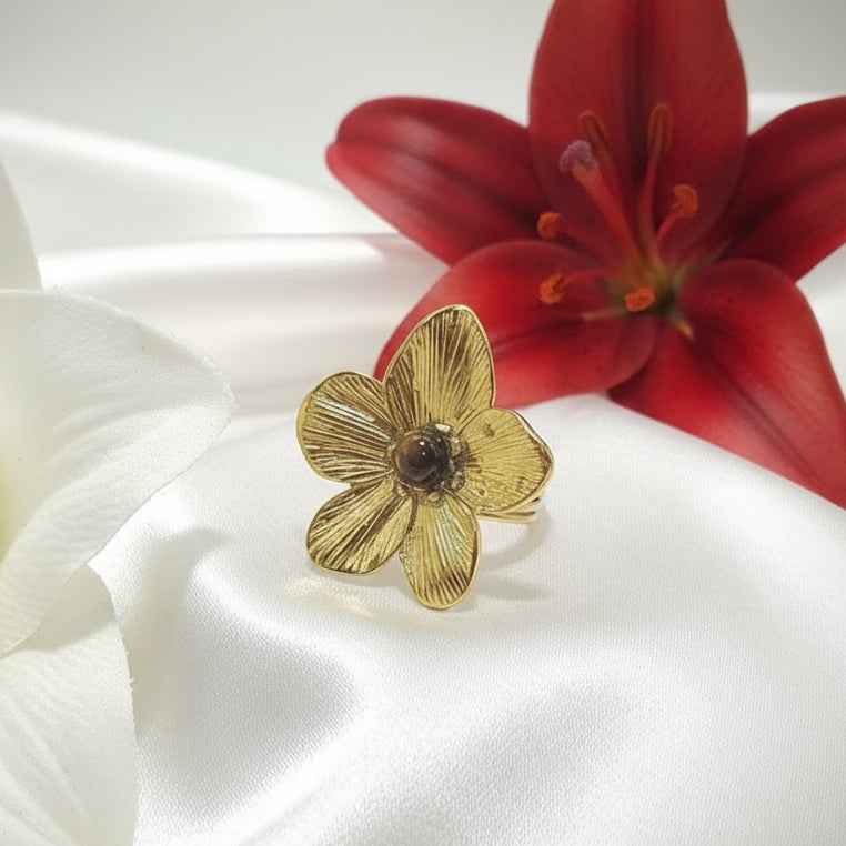 Bague ajustable en oeil de tigre et acier inoxydable