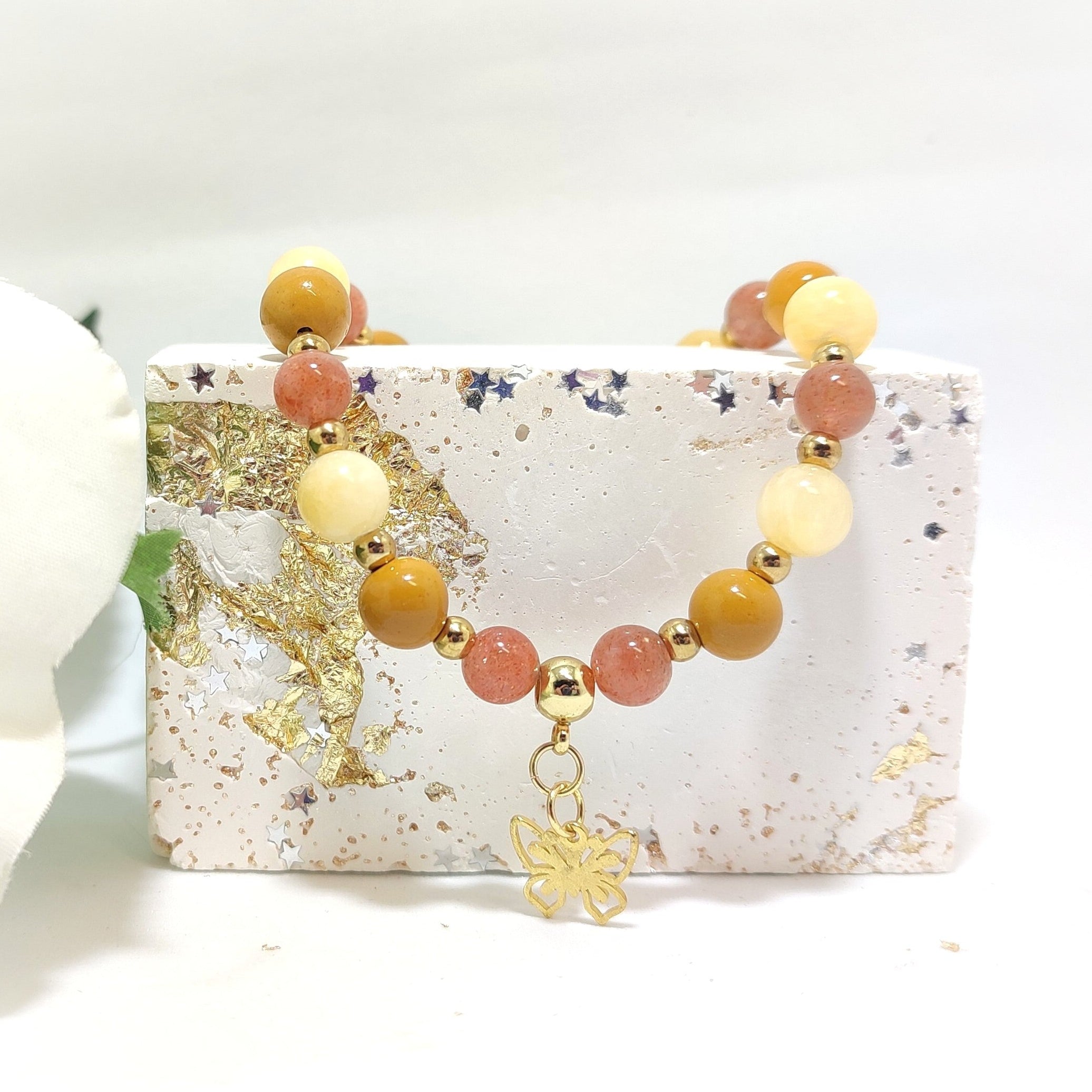 Bracelet procrastination en pierre de soleil, calcite orange, jaspe mokaite
