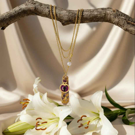 Sautoir doré chat en Améthyste