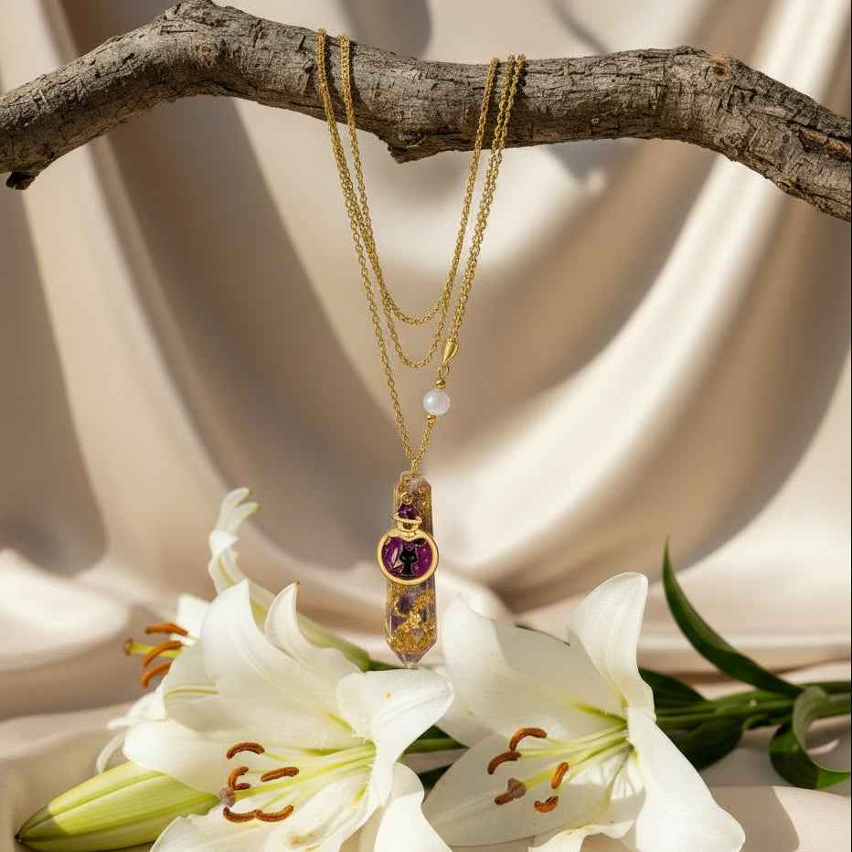 Sautoir doré chat en Améthyste