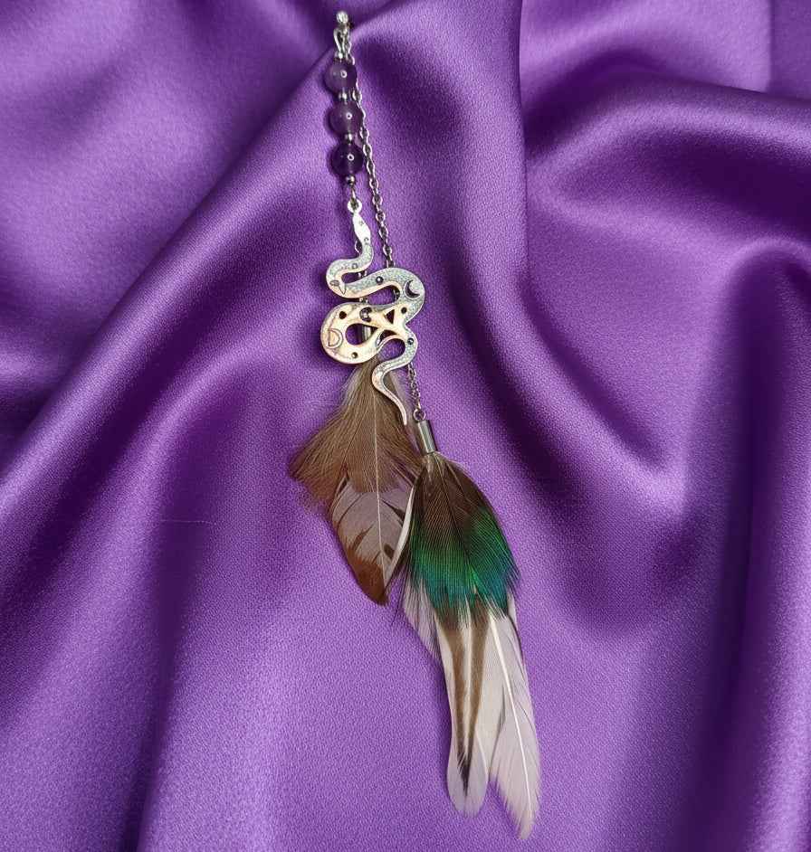 Boucle en améthyste & Plumes sacrées, ailes de fée, doré ou argenté au choix