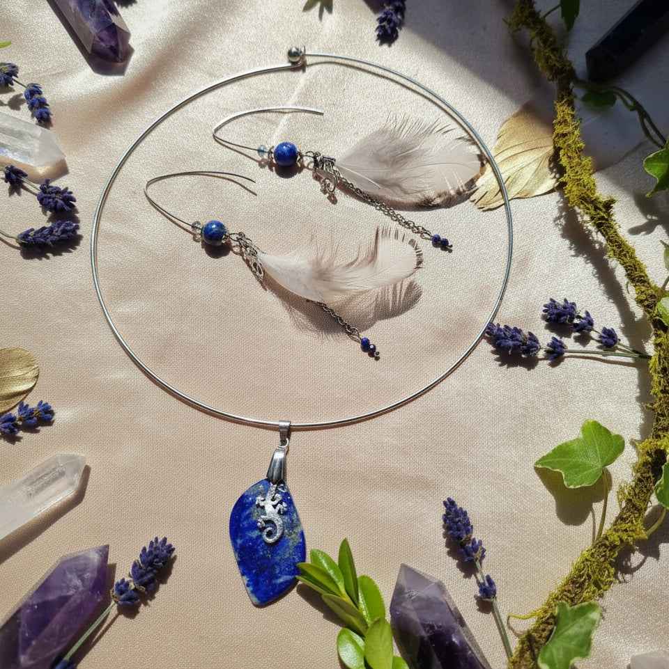 Boucles d'oreilles & Collier torque argenté en Lapis lazuli 