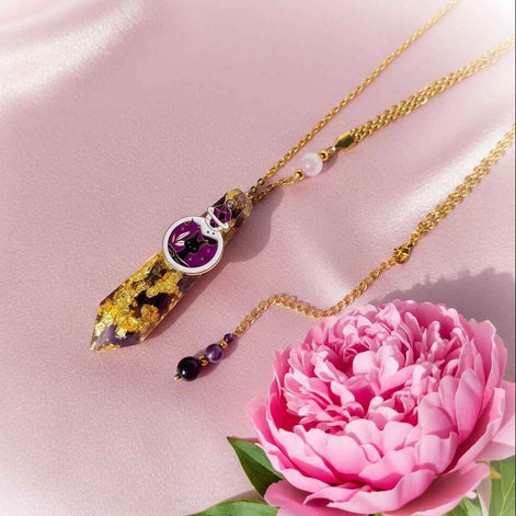 Sautoir doré chat en Améthyste