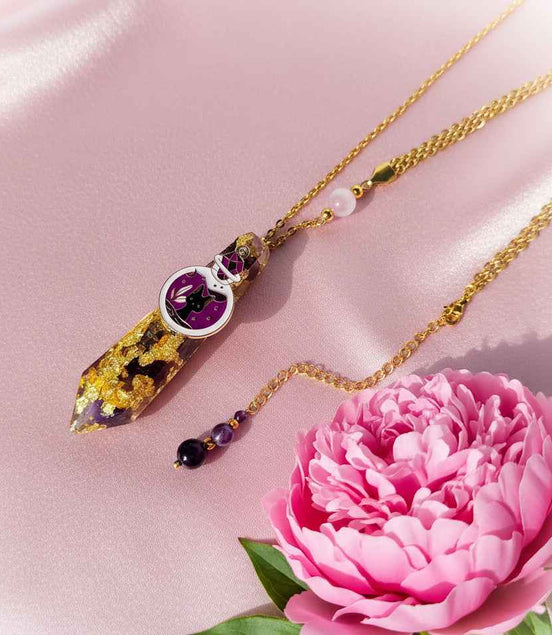 Sautoir doré chat en Améthyste