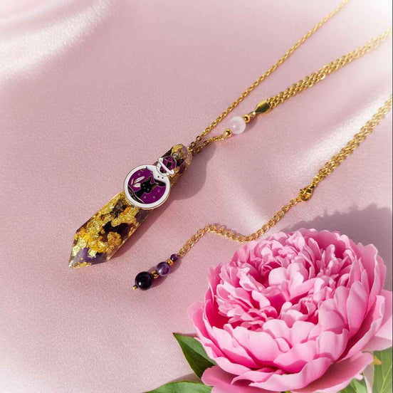 Sautoir doré chat en Améthyste