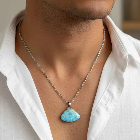 Collier chaine argenté et larimar au choix, sur lotus unalome ou simple