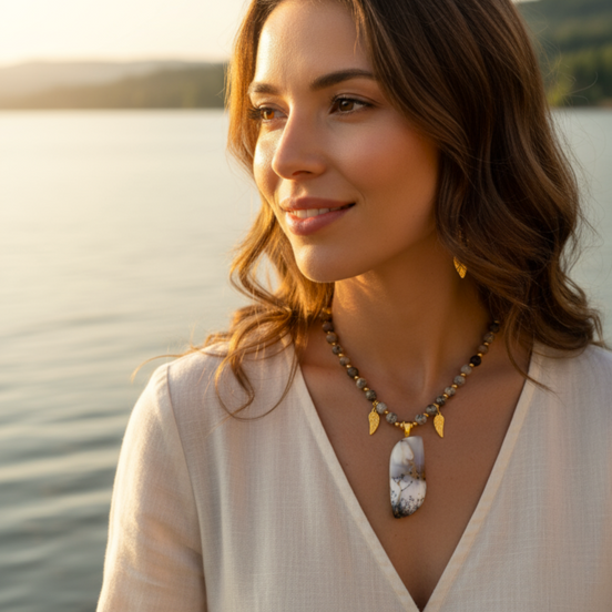 Collier de perles Divina en merlinite (opale dendritique)