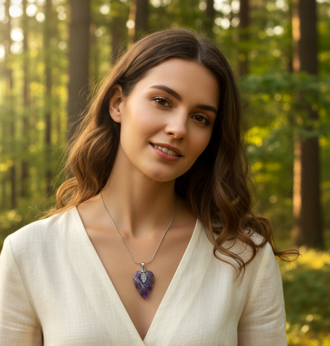 Collier argenté coeur en améthyste