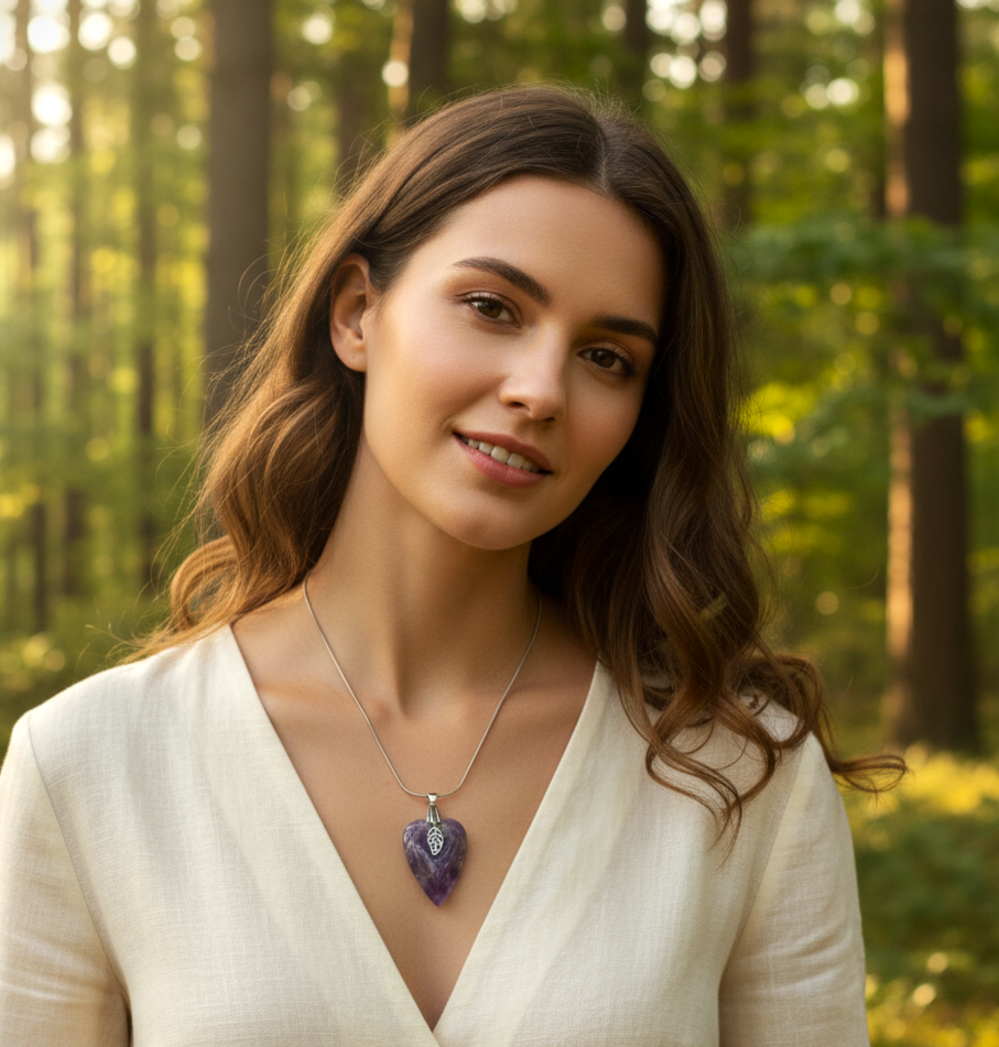 Collier argenté coeur en améthyste