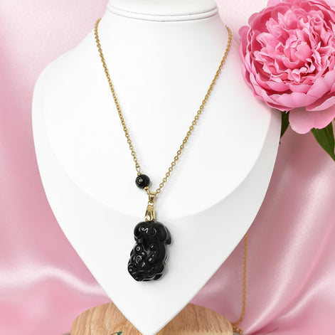 Collier Pixiu doré Protection et prospérité  en obsidienne céleste