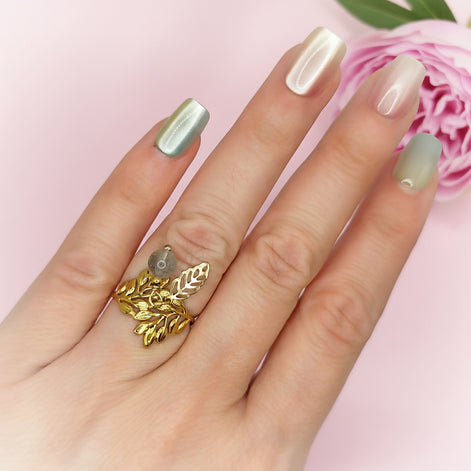 Bague feuille doré en labradorite ajustable