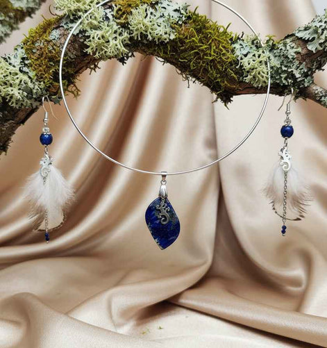 Boucles d'oreilles & Collier torque argenté en Lapis lazuli "salamandre"