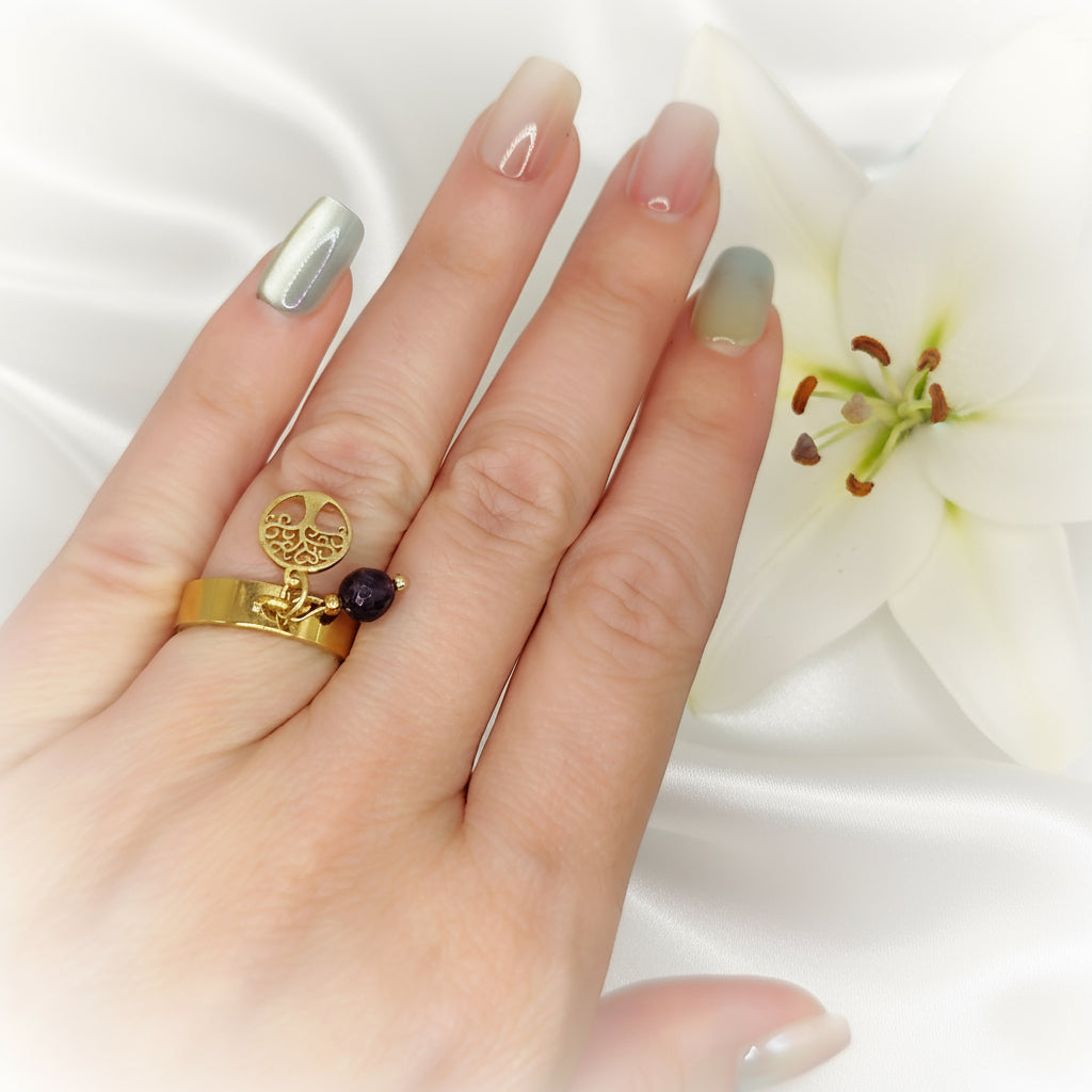 Bague doré, argenté, au choix perle de pierre et acier ajustable