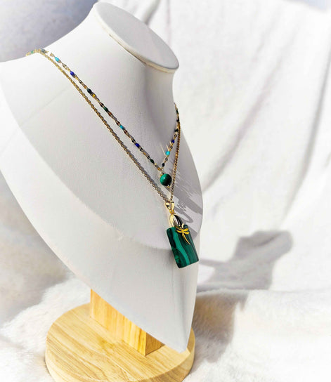 Collier doré libellule et malachite extra