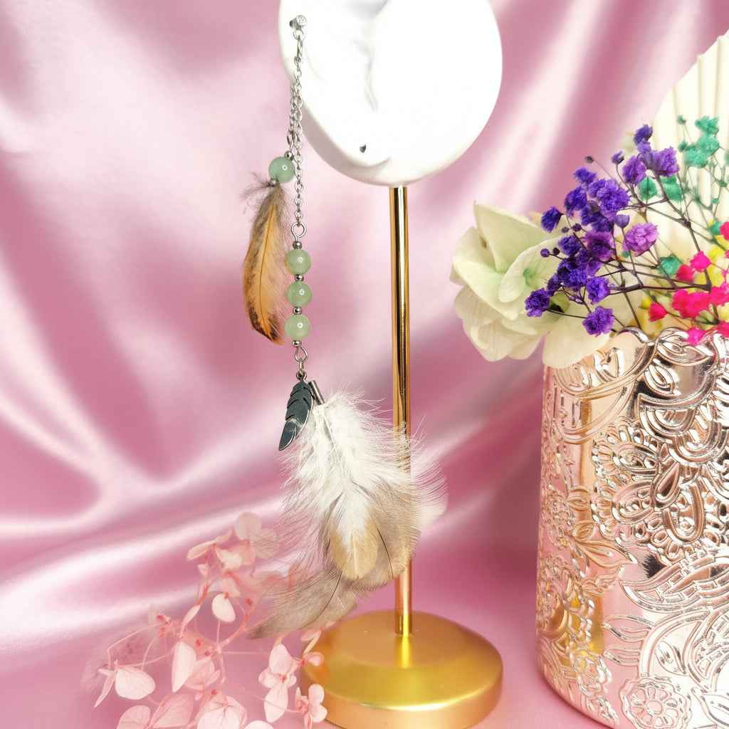 Boucle longue en Plumes sacrées, aventurine ou labradorite